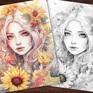 May include: Two art prints featuring a woman with long, flowing hair and a floral crown. One print is in color, showcasing sunflowers and autumn leaves in warm tones. The other is a black and white version of the same image.