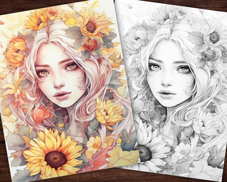 May include: Two art prints featuring a woman with long, flowing hair and a floral crown. One print is in color, showcasing sunflowers and autumn leaves in warm tones. The other is a black and white version of the same image.