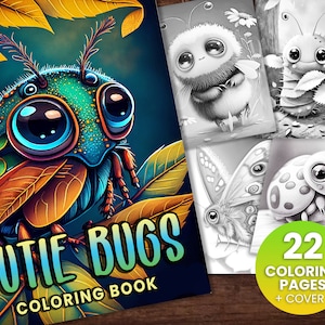 22 Cutie Bugs Fantasy Insect Cartoon Coloring Page, Adults + kids- Instant Download - Grayscale Coloring Page - Gift, Printable PDF