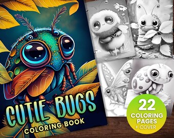 22 Cutie Bugs Fantasy Insect Cartoon Coloring Page, Adults + kids- Instant Download - Grayscale Coloring Page - Gift, Printable PDF