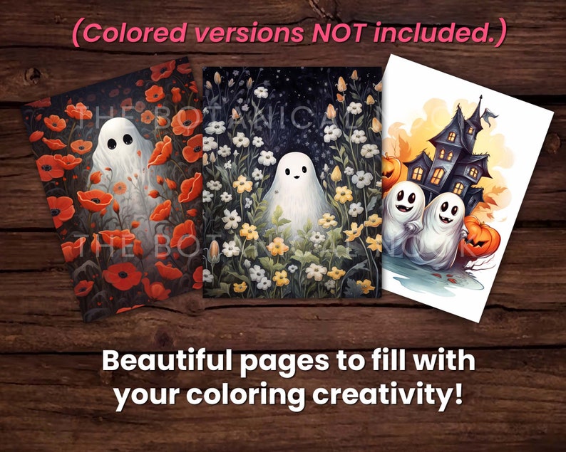 Puede incluir: Tres p&aacute;ginas para colorear en blanco y negro con escenas espeluznantes de Halloween. La primera p&aacute;gina muestra un fantasma en un campo de amapolas rojas. La segunda p&aacute;gina muestra un fantasma en un campo de flores blancas. La tercera p&aacute;gina muestra dos fantasmas frente a una casa espeluznante.