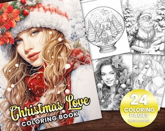 24 Christmas Love Coloring Page Book, Adults + kids Instant Download Grayscale Coloring Page, Printable PDF Elves, Christmas, Santa Clause