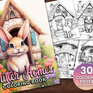 30 Baby Critter Homes Fantasy Coloring Page Book, Adults + kids- Instant Download Grayscale Coloring Page, Printable PDF, Cottage Coloring