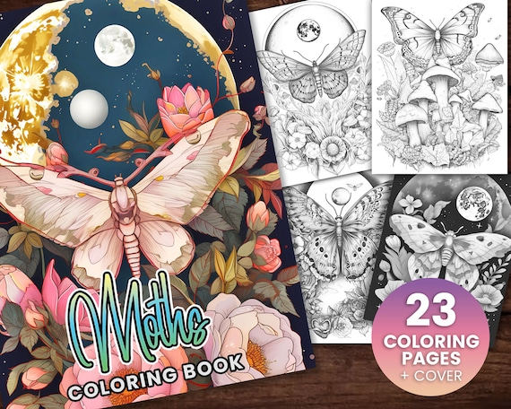 23 Moths Coloring Book, Adults Kids Instant Download grayscale