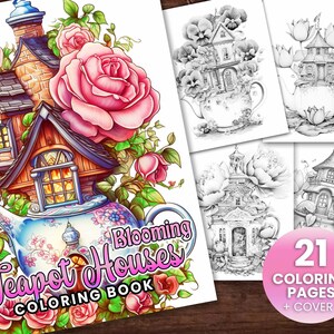 Op de afbeelding: Een kleurboekomslag met een fantasierijk theepot huis met een roze roos en groene bladeren. De titel van het boek is "Blooming Teapot Houses Coloring Book" en het bevat 21 kleurplaten.
