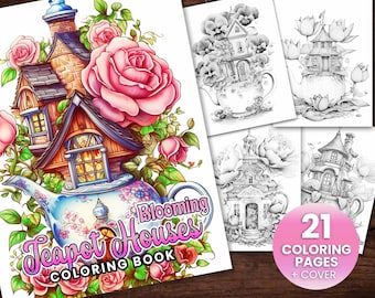 21 Teapot Fairy Homes Coloring Book, Adults kids Instant Download -Grayscale Coloring Book Printable PDF, Flower Houses, Fairy, Teapot House