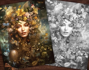 Dea della foresta delle farfalle Bella pagina da colorare, adulti e bambini - Download istantaneo - Pagina da colorare in scala di grigi - Regalo, PDF, donna, bella