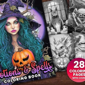 28 Potions & Spells Halloween Coloring Book, Adults + kids- Download - Grayscale Coloring Page - Gift, Printable PDF, Pumpkins, Witch