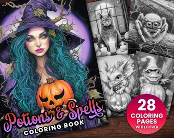 28 Zaubertränke & Zaubersprüche Halloween Malbuch, Erwachsene + Kinder- Download - Graustufen Malseite - Geschenk, Printable PDF, Hexe, Kürbisse
