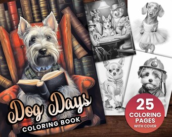 Livro de páginas para colorir de animais fofos de 25 dias de cachorro, filhotes engraçados, adultos e crianças, download instantâneo da página para colorir em tons de cinza, PDF para impressão