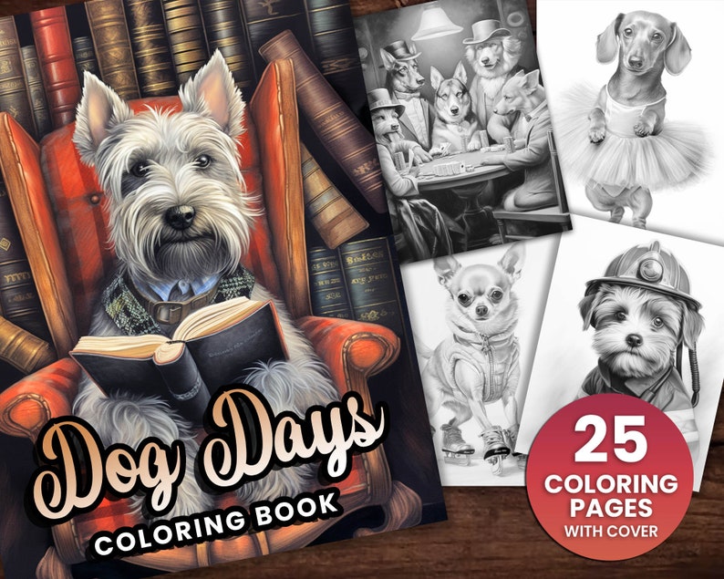 Pu&ograve; includere: Un libro da colorare "Dog Days" con una copertina raffigurante un cane che legge su una sedia, circondato da libri. Include 25 pagine da colorare con varie illustrazioni di cani, come un cane con un tut&ugrave; e un cane con un casco da pompiere.