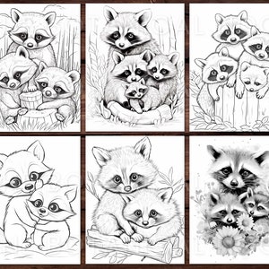 May include: Six black and white illustrations of raccoons. The raccoons are in various poses, including cuddling, standing, and sitting. The illustrations are in a cartoon style and are suitable for coloring.