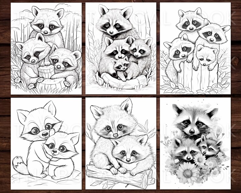 May include: Six black and white illustrations of raccoons. The raccoons are in various poses, including cuddling, standing, and sitting. The illustrations are in a cartoon style and are suitable for coloring.