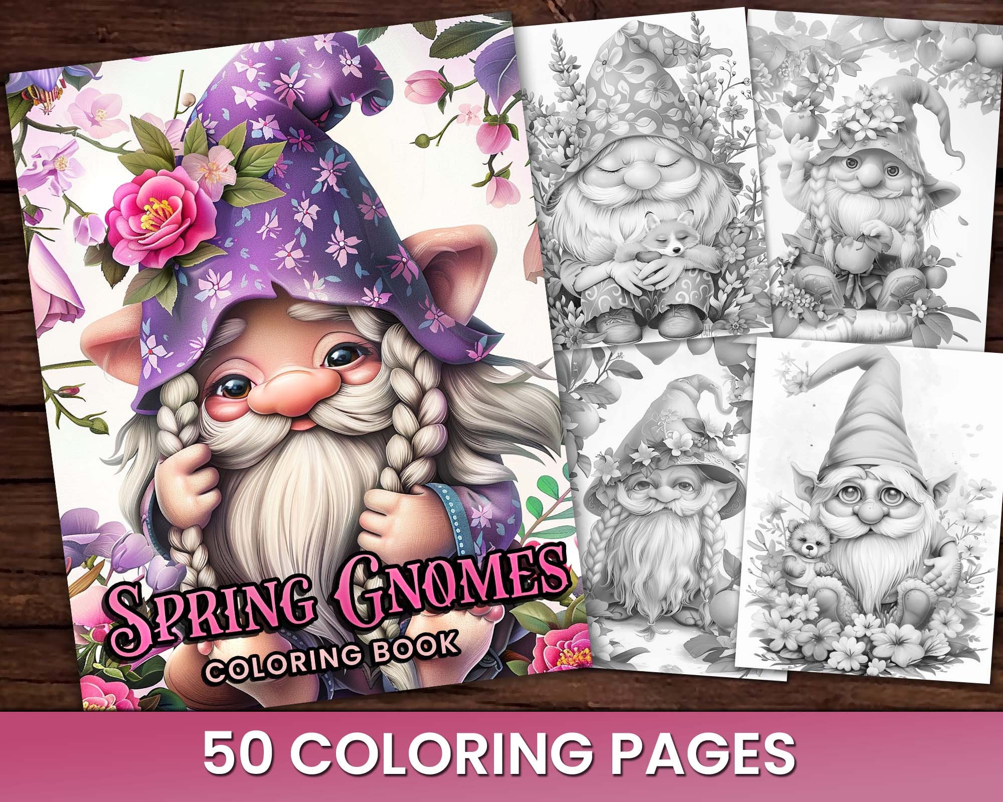 50 Spring Gnomes Cute Elf Coloring Book, Flowers Critters Forest…
