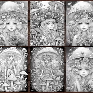 May include: Six black and white illustrations of fairies in a mushroom forest. Each fairy is wearing a flower crown and is surrounded by mushrooms. The illustrations are perfect for coloring.