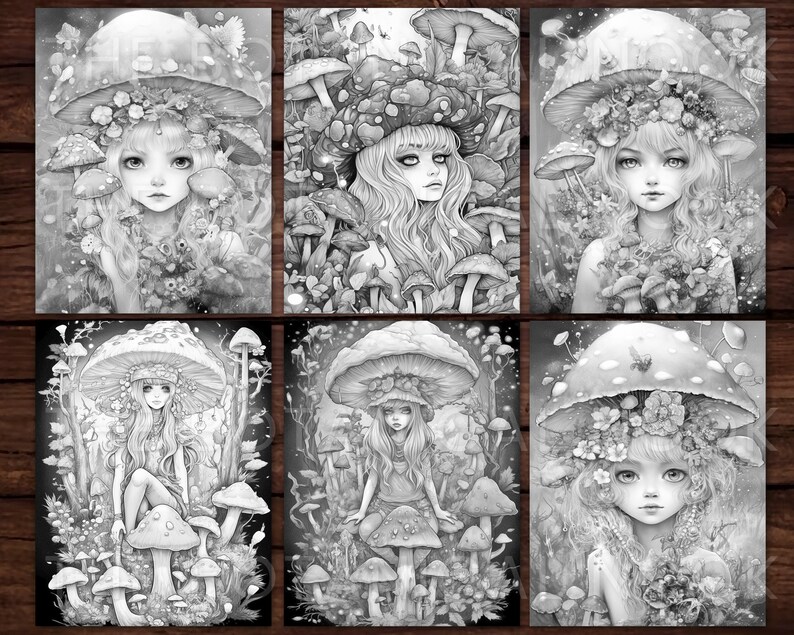 May include: Six black and white illustrations of fairies in a mushroom forest. Each fairy is wearing a flower crown and is surrounded by mushrooms. The illustrations are perfect for coloring.