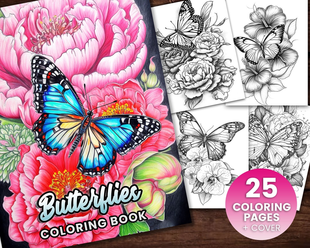25 Butterflies Coloring Book, Adults Kids Instant Download grayscale