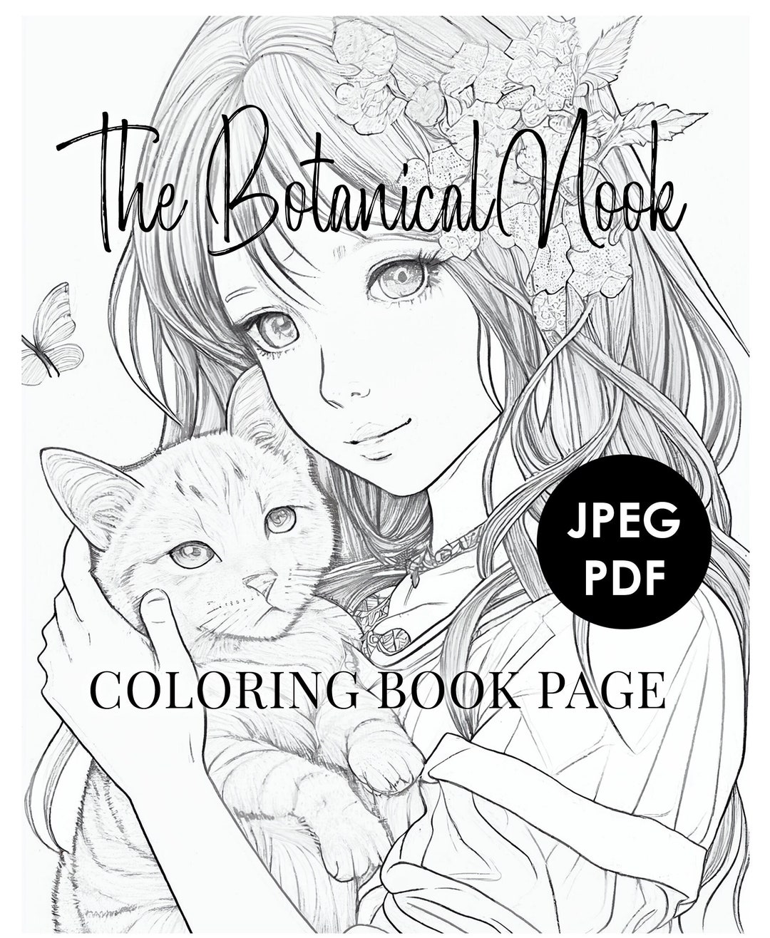 Anime Girl and Kitty Coloring Page for Adults and Kids - Instant