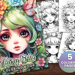 5 Fairy Girls Malseite, Erwachsene + Kinder- Download - Graustufen Malseite - Geschenk, Printable PDF, fairy girls, anime fairies, flowers