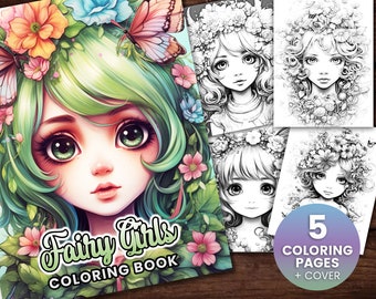 5 pagine da colorare per ragazze fata, adulti + bambini - Scarica - pagina da colorare in scala di grigi - regalo, PDF stampabile, ragazze fatate, fate anime, fiori