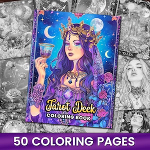 Puede incluir: Un libro para colorear con una portada morada y azul que presenta a una mujer con una corona y una copa de vino. El título del libro es "Tarot Deck Coloring Book" y tiene 50 páginas para colorear.