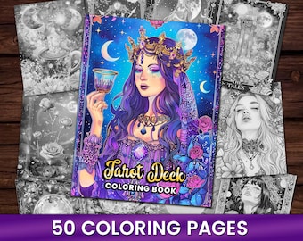 50 Tarot Deck Spiritual Coloring Page Book, Adults + kids Instant Download Grayscale Coloring Page, Printable PDF, Witchy, Gothic, Wizard