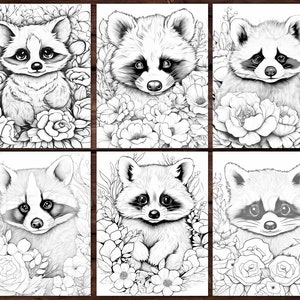 May include: Six black and white coloring pages featuring a cute raccoon surrounded by flowers. Each page features a different pose of the raccoon.