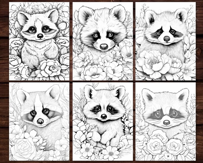 May include: Six black and white coloring pages featuring a cute raccoon surrounded by flowers. Each page features a different pose of the raccoon.