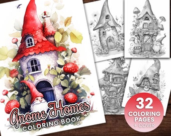 32 Gnome Homes II Coloring Book, Adults kids Instant Download -Grayscale Coloring Book - Printable PDF, gnomes, fairies, fantasy coloring