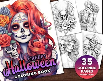 35 Creepy Halloween Coloring Book, Adults + kids- Download - Grayscale Coloring Page - Gift, Printable PDF, Women, Skeletons, Witch