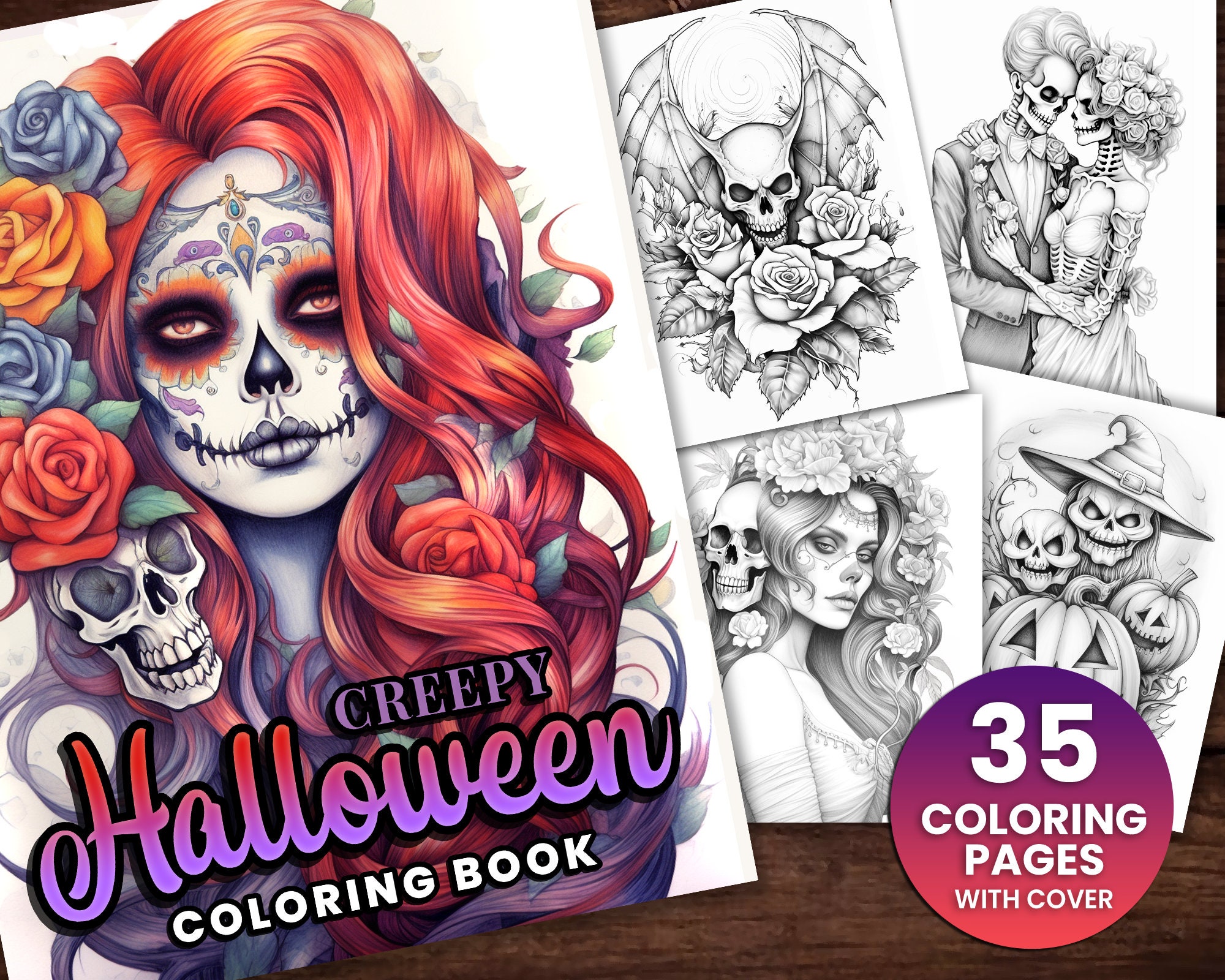 35 Creepy Halloween Coloring Book, Adults + kids- Download -…