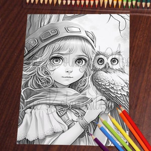 Girl and Her Owl Fantasy Coloring Page, Adults & Kids Instant Download ...