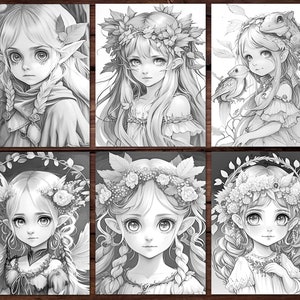 May include: Six black and white illustrations of anime-style girls with long hair and floral crowns. The girls are wearing dresses and have large eyes.