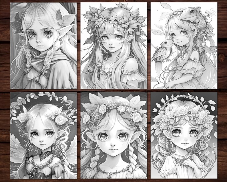 May include: Six black and white illustrations of anime-style girls with long hair and floral crowns. The girls are wearing dresses and have large eyes.