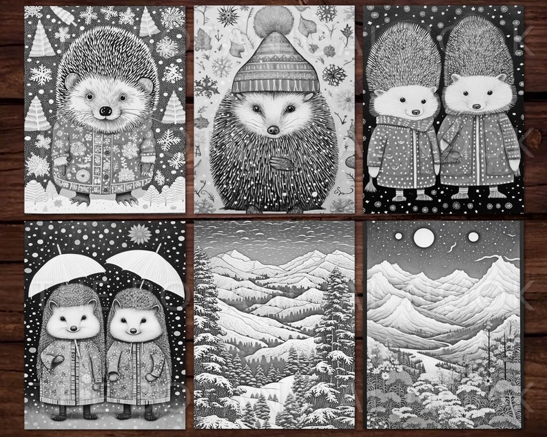 30 Cute Porcupines Animal Coloring Page Book, Adults + kids Instant Download Grayscale Coloring Page, Printable PDF, Feast, Family, Cute image 4