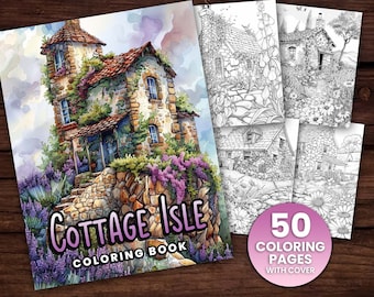 50 Cottage Isle Variety Pack, Coloring Page Book, Adults + kids Instant Download Grayscale Coloring, Europe, Blooming Cottages, Coloring