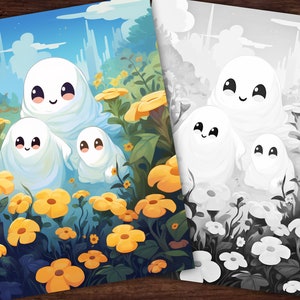 Puede incluir: Una ilustraci&oacute;n digital de tres fantasmas amigables en un campo de flores amarillas. Los fantasmas son blancos y tienen caras sonrientes. El fondo es un cielo azul con nubes.