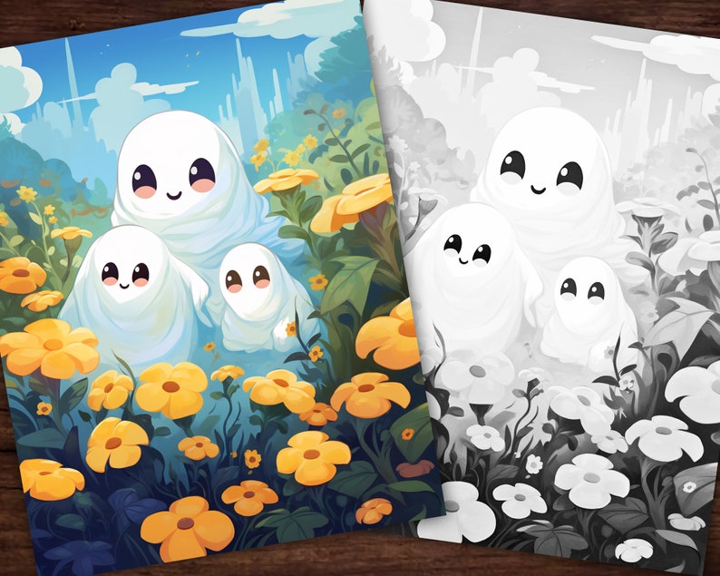 Puede incluir: Una ilustraci&oacute;n digital de tres fantasmas amigables en un campo de flores amarillas. Los fantasmas son blancos y tienen caras sonrientes. El fondo es un cielo azul con nubes.