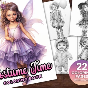 22 Costume Time Cute Little Girls Halloween Coloring Book, Adults + kids- Download - Grayscale Coloring Page - Gift, Printable PDF, Witch