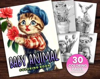 Baby Animals Coloring Page Book, Adults + kids Instant Download Grayscale Coloring Page, Adult Coloring cute animal cat raccoon bear fox