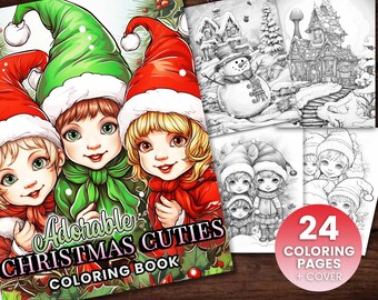 24 Christmas Cuties Animal Coloring Page Book, Adults + kids Instant Download Grayscale Coloring Page, Printable PDF Elves, Christmas, Elf