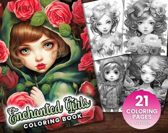 Enchanted Fairy Girls Fantasy Anime Coloring Page, Adults + kids- Instant Download - Grayscale Coloring Page - Gift, Printable Art PDF