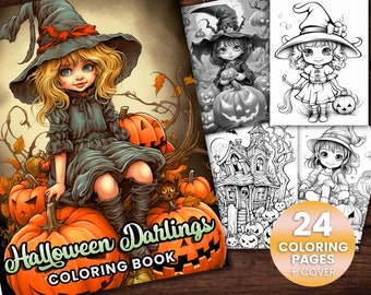 24 Halloween Darlings Coloring Book, Adults + kids- Download - Grayscale Coloring Page - Gift, Printable PDF, Halloween, pumpkins, fairies