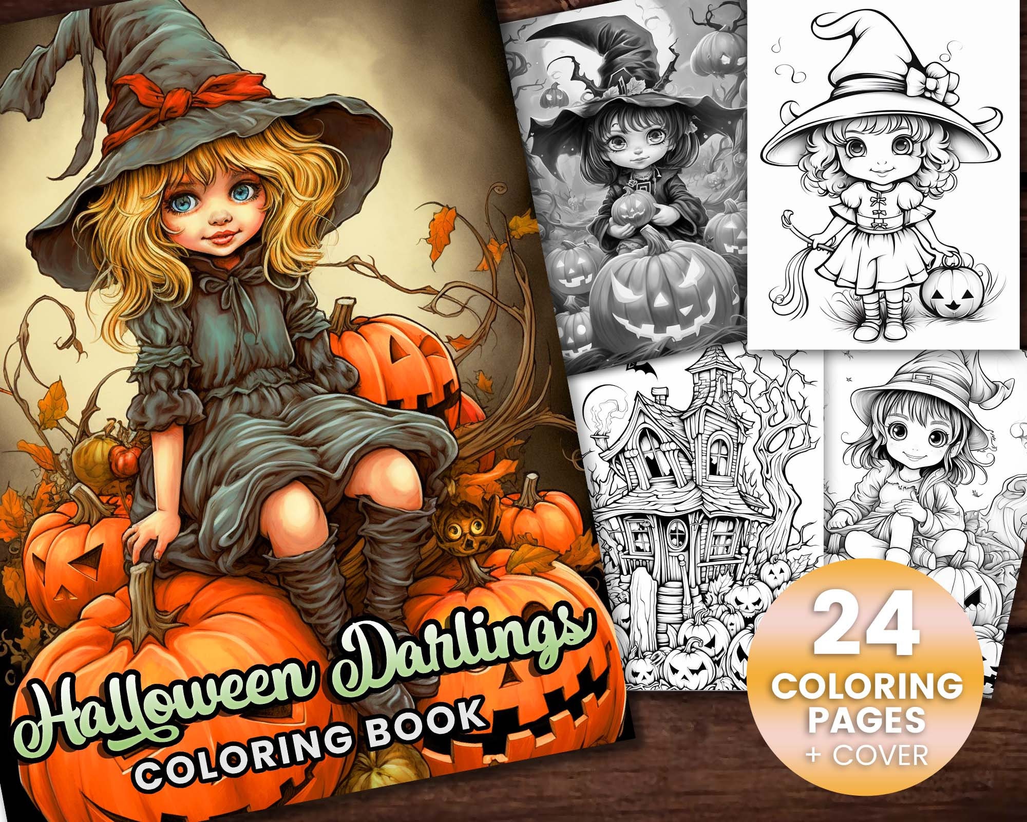 24 Halloween Darlings Coloring Book, Adults + kids- Download -…