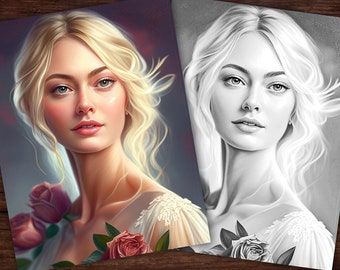 Elegance Beautiful Woman in Dress #20 Flowers Coloring Page, Adults + kids Instant Download - Grayscale Coloring - Gift, Printable PDF