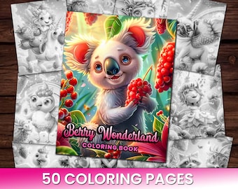 50 Berry Wonderland variëteit, schattige dieren, dierenkleuren, kleurplaatboek, volwassenen + kinderen Instant Download grijswaarden kleurplaat