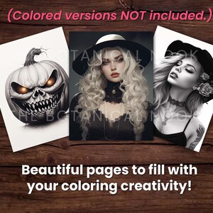 May include: Three black and white coloring pages. One page features a scary pumpkin with a skull face. Another page features a woman with long hair wearing a hat. The third page features a woman with long hair wearing a hat and a necklace.