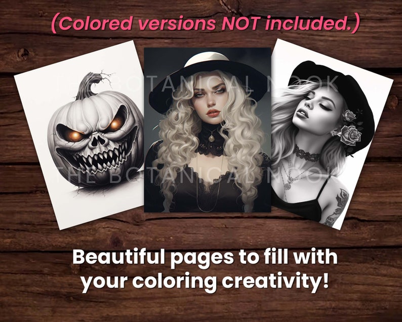 May include: Three black and white coloring pages. One page features a scary pumpkin with a skull face. Another page features a woman with long hair wearing a hat. The third page features a woman with long hair wearing a hat and a necklace.