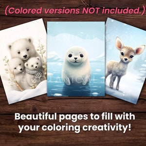 K&ouml;nnte beinhalten: Drei Malvorlagen zum Thema Winter mit einer Eisb&auml;renfamilie, einer Robbe und einem Reh. Die Seiten werden auf einer Holzoberfl&auml;che mit dem Text "Beautiful pages to fill with your coloring creativity!" angezeigt.
