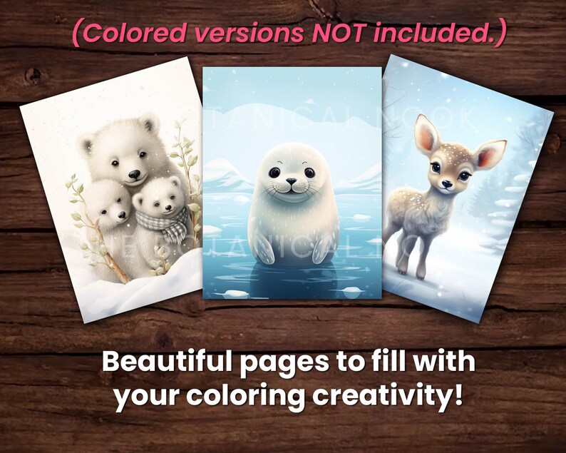 K&ouml;nnte beinhalten: Drei Malvorlagen zum Thema Winter mit einer Eisb&auml;renfamilie, einer Robbe und einem Reh. Die Seiten werden auf einer Holzoberfl&auml;che mit dem Text "Beautiful pages to fill with your coloring creativity!" angezeigt.